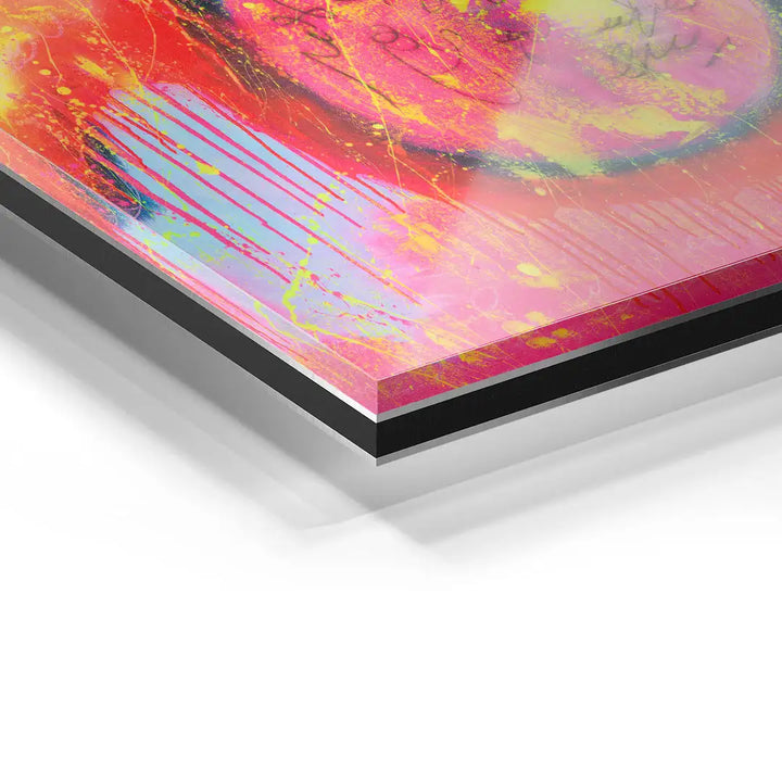 Detail eines modernen Acrylglas-Wandbilds mit bunten, abstrakten Farbspritzern
