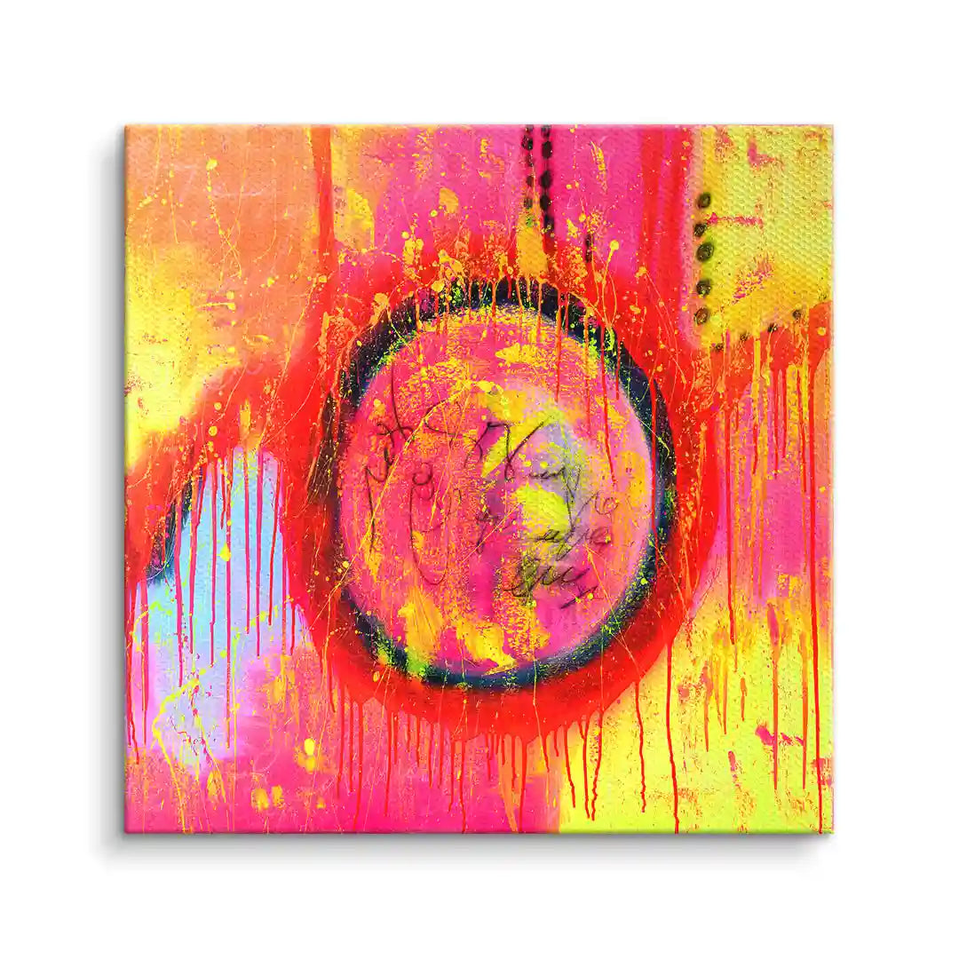 Abstraktes Wandbild mit leuchtenden Farben, Kreisen und Farbspritzern auf Leinwand