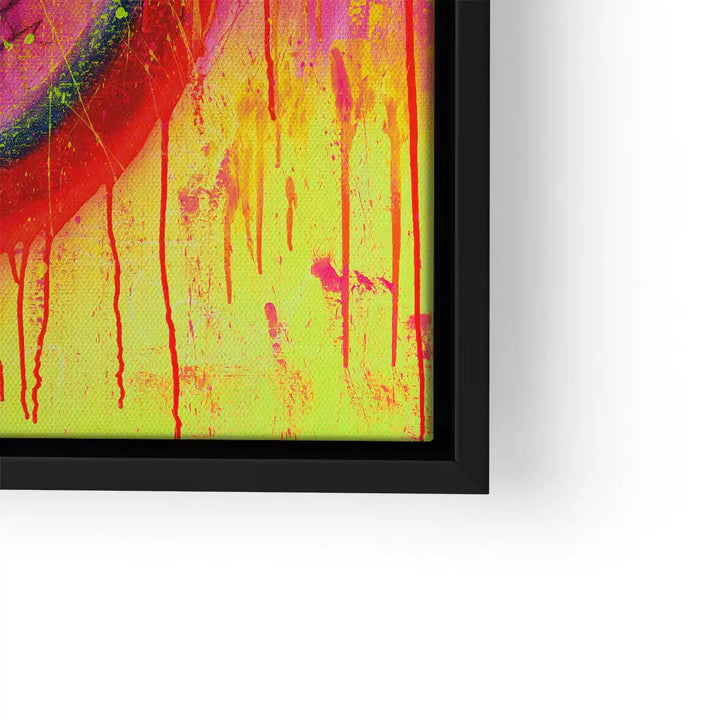 Bunte abstrakte Kunst auf Leinwand mit Neonfarben und roten Farbspritzern in schwarzem Rahmen