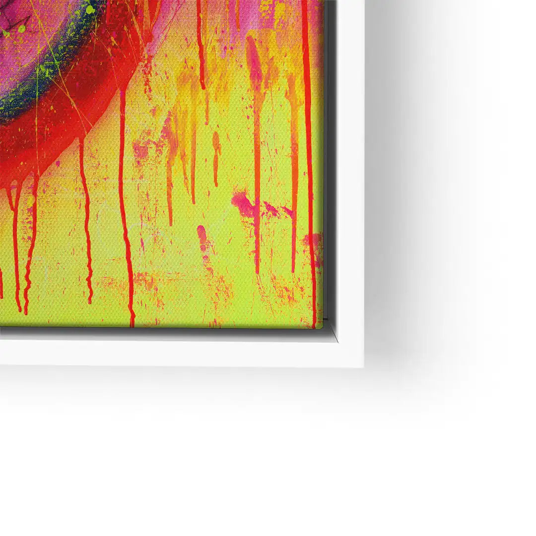 Modernes Wandbild mit abstraktem, buntem Farbverlauf und Farbspritzern auf Leinwand