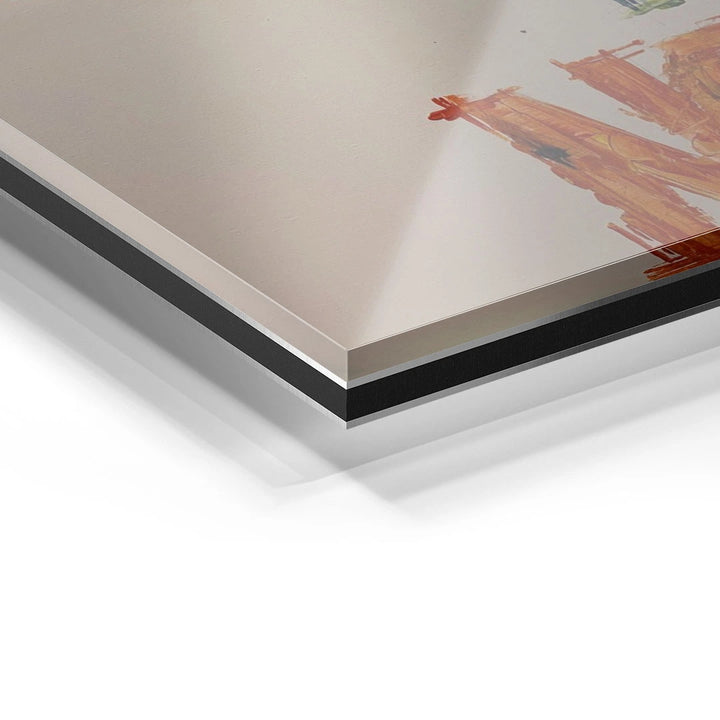 Detailansicht Acrylglas Wandbild mit abstraktem orangefarbenem Motiv, modernes Kunstbild