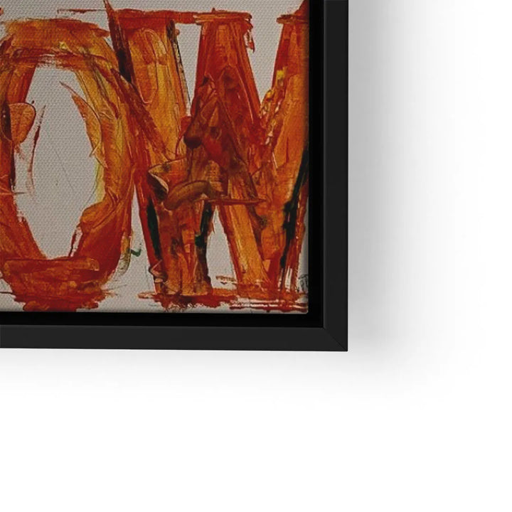 Modernes Wandbild mit abstraktem Schriftzug in Orange- und Rottönen im schwarzen Rahmen