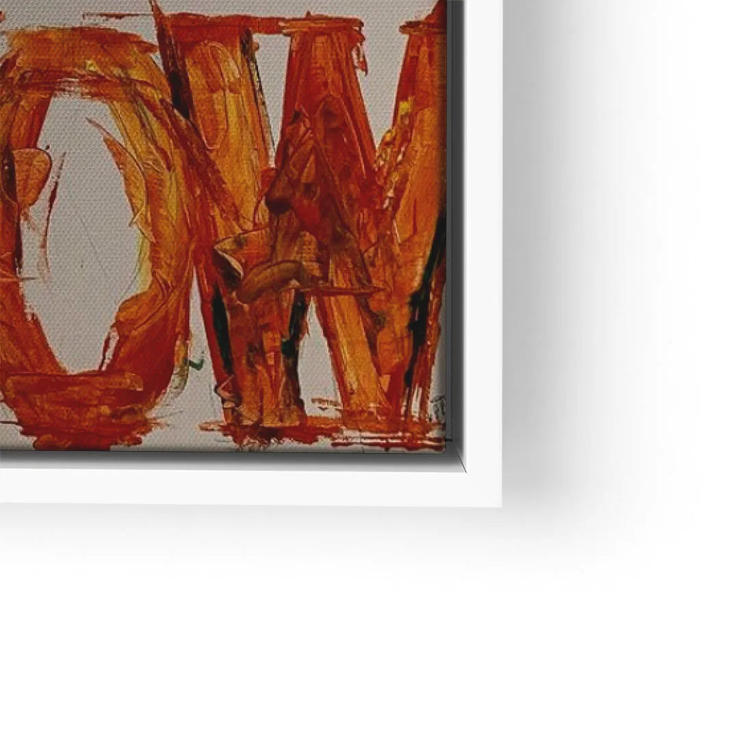 Modernes Wandbild auf Leinwand mit abstrakten orangen Buchstaben, Nahaufnahme im weißen Rahmen