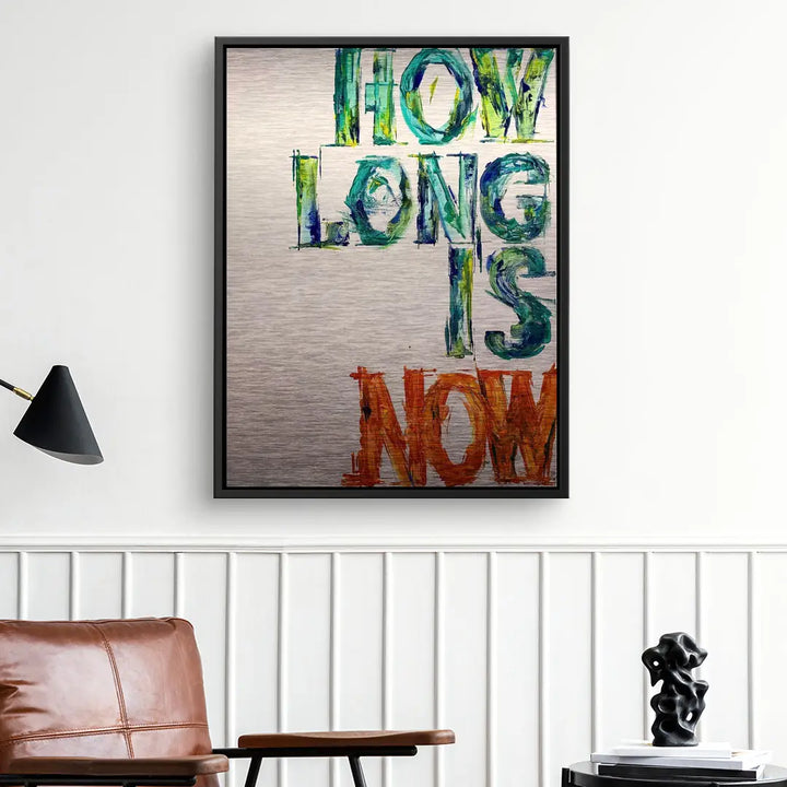 Modernes Wandbild mit bunter Aufschrift HOW LONG IS NOW in stilvoll eingerichteter Wohnung
