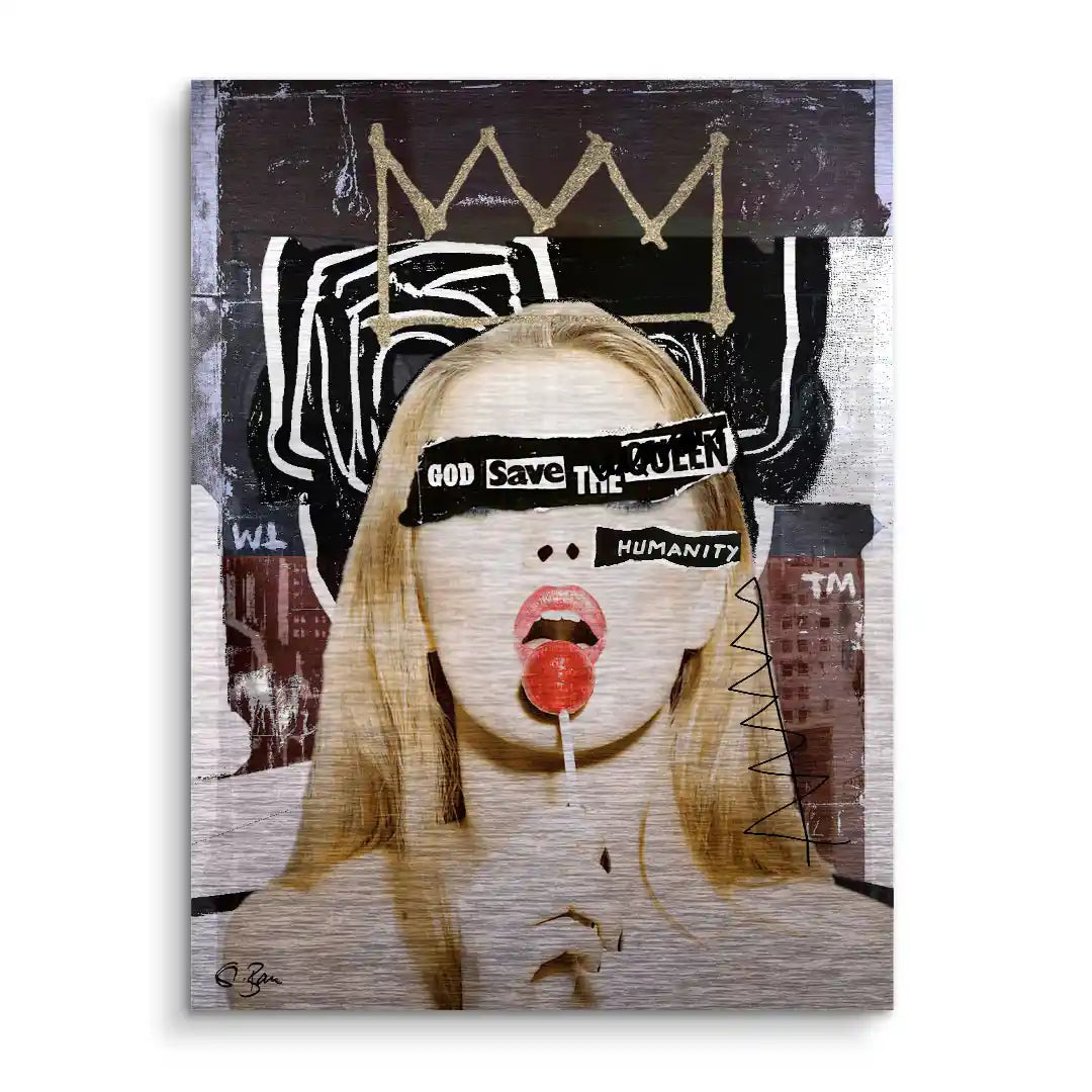 Modernes Wandbild mit Frau, Lollipop, Schriftzügen und Krone, Pop Art Stil, Kunst kaufen
