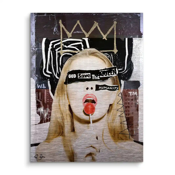 Modernes Wandbild mit Frau, Lollipop, Schriftzügen und Krone, Pop Art Stil, Kunst kaufen