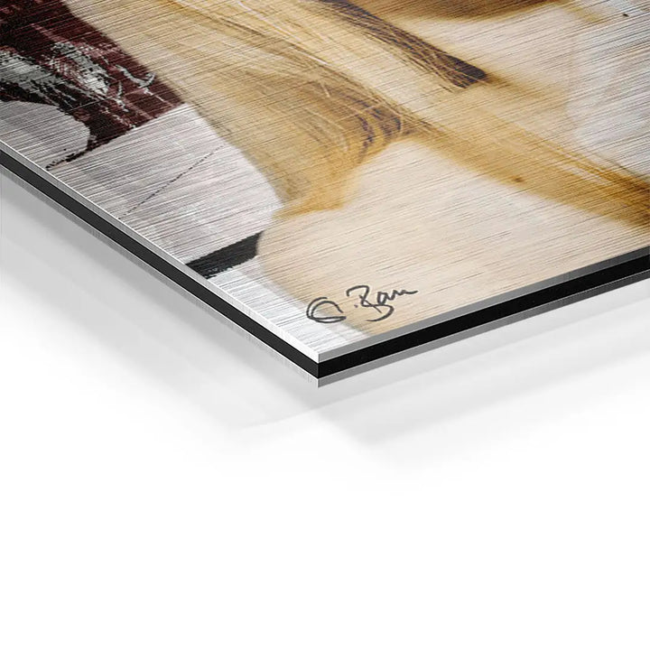 Detailaufnahme Wandbild auf Aluminium mit gebürsteter Oberfläche, moderne Kunst