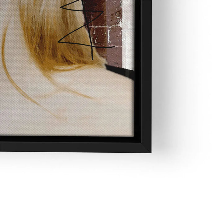 Detail eines Wandbilds mit blondem Haar, Rückenansicht, schwarze Linienkunst, Backstein-Hintergrund