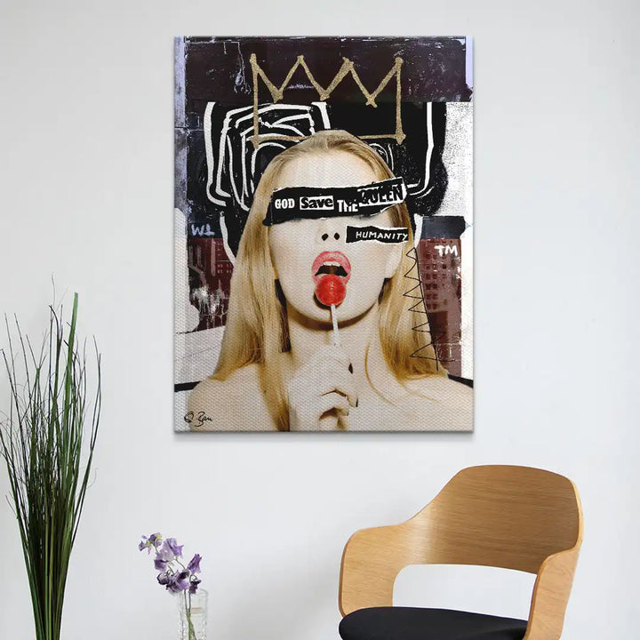 Modernes Wandbild Pop Art Frau mit Lutscher, grafische Schriftzüge, Wohnzimmer Dekoration