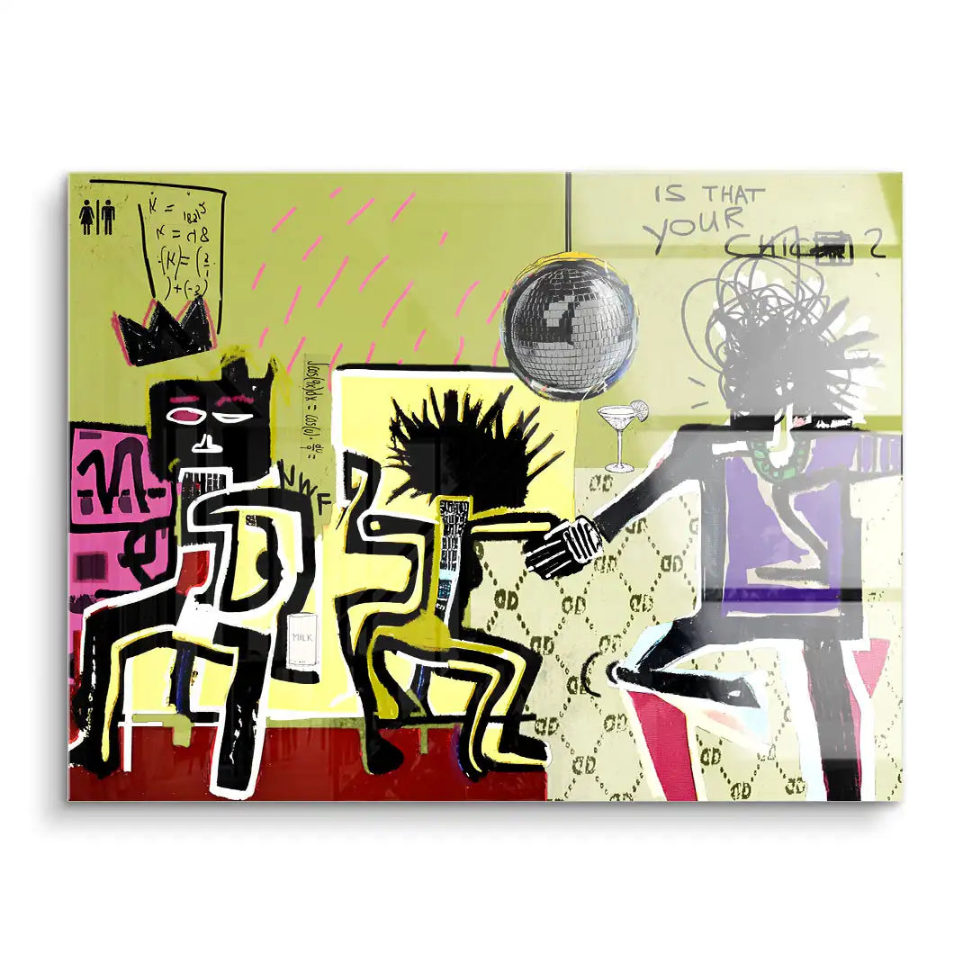 Modernes Wandbild im Pop Art Stil mit drei stilisierten Figuren, Diskokugel und grafischen Elementen.