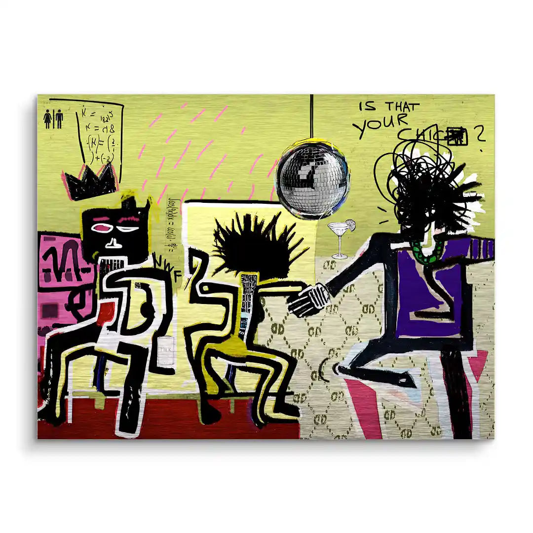 Modernes Wandbild im Club-Stil mit abstrakten Figuren, Disco-Kugel und lebhaften Farben