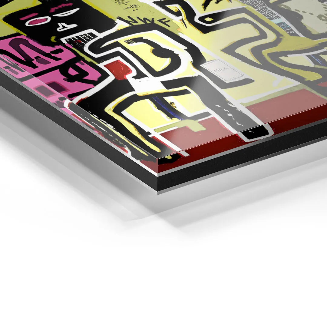 Detail eines modernen, bunten Acrylglas-Wandbildes mit abstrakter Pop Art Zeichnung