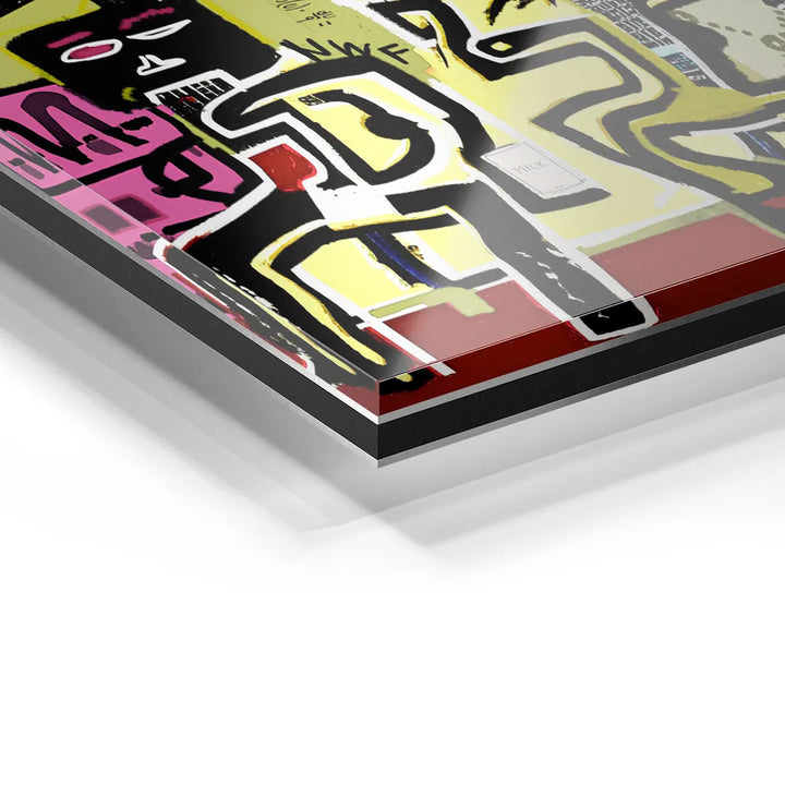 Detail eines modernen, bunten Acrylglas-Wandbildes mit abstrakter Pop Art Zeichnung
