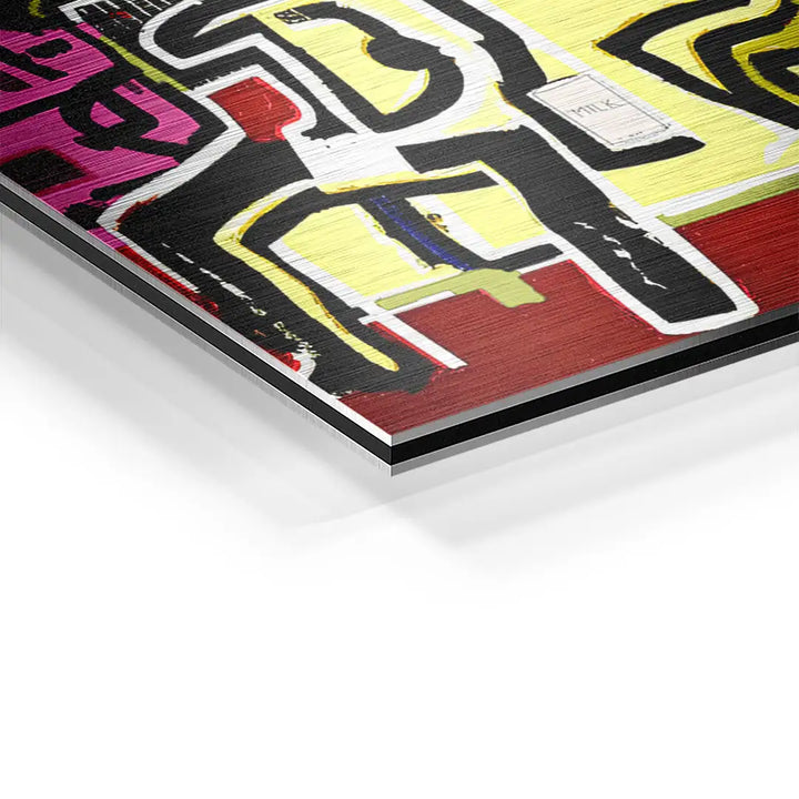 Detailansicht Wandbild auf Aluminium mit abstrakter Pop Art in Gelb, Rot und Schwarz