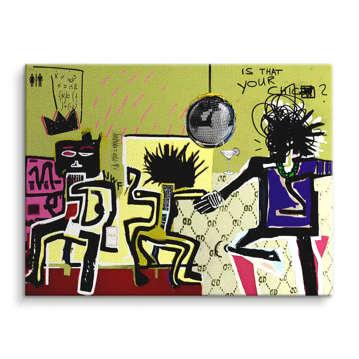 Modernes Pop Art Wandbild mit tanzenden, abstrakten Figuren, Disco-Kugel und lebhaften Farben