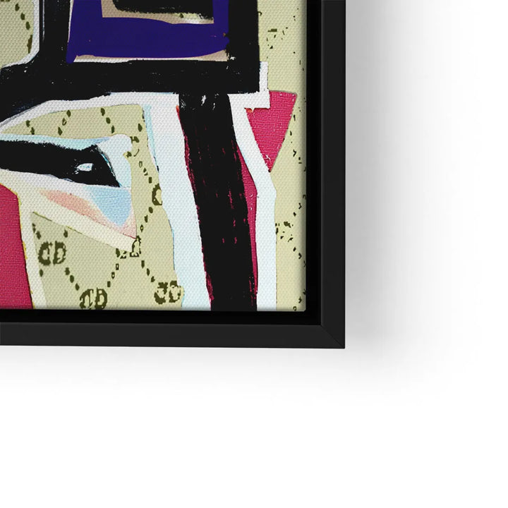 Modernes Wandbild mit abstrakter Pop Art, kräftige Farben und schwarze Linien im Rahmen