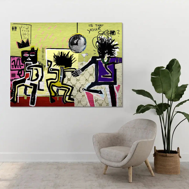 Modernes Wandbild im Wohnzimmer, abstrakte Figuren im Club, Graffiti-Stil, Pop Art Kunst