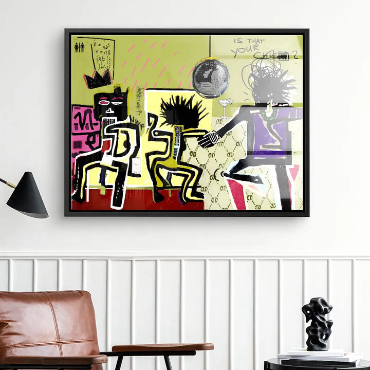 Modernes Wandbild im abstrakten Pop Art Stil mit tanzenden Figuren und Disco-Kugel im Wohnzimmer