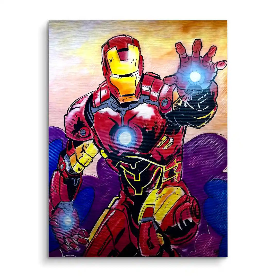 Comic Wandbild mit Superheld in rot-gelber Rüstung, leuchtende Effekte, moderner Pop Art Stil