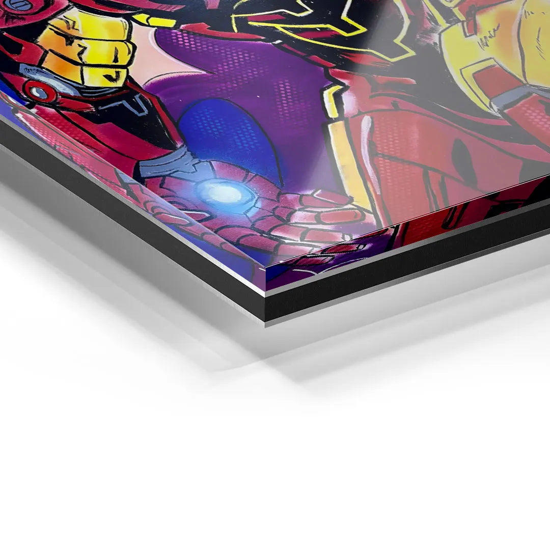 Detailaufnahme Acrylglas-Wandbild mit Comic-Helden in kräftigen Farben, modern und poppig