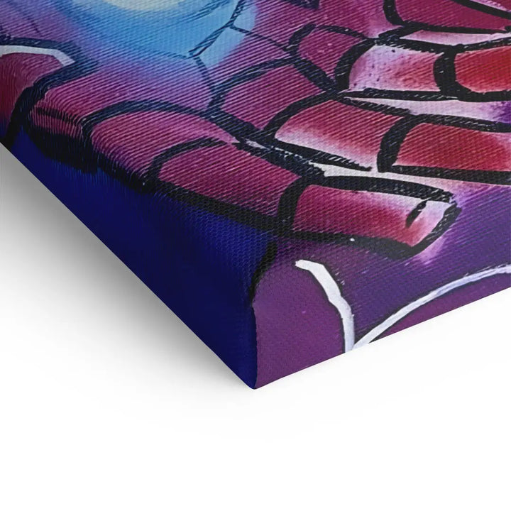 Detailaufnahme Leinwandbild mit Comic-Motiv, rote Linien auf lila-blauem Hintergrund