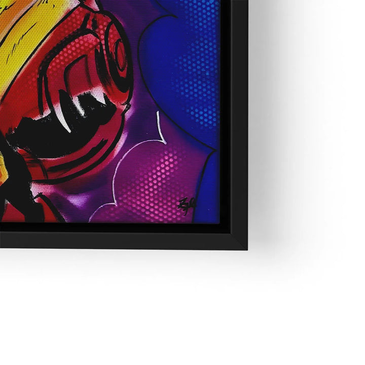 Modernes Wandbild mit Iron-Kunst im Pop-Art-Stil, bunte Farben, schwarzer Rahmen