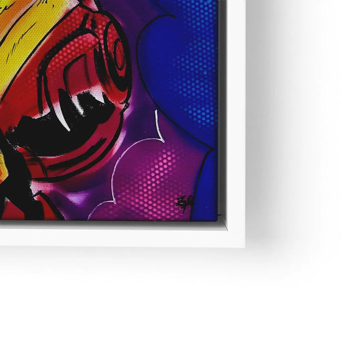 Buntes Wandbild im Pop Art Stil mit Ironman-Motiv, kräftige Farben, moderne Kunst