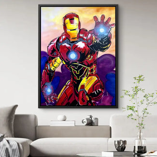 Modernes Wandbild mit Comic-Superheld in Rüstung, farbenfroh, Wohnzimmer-Deko