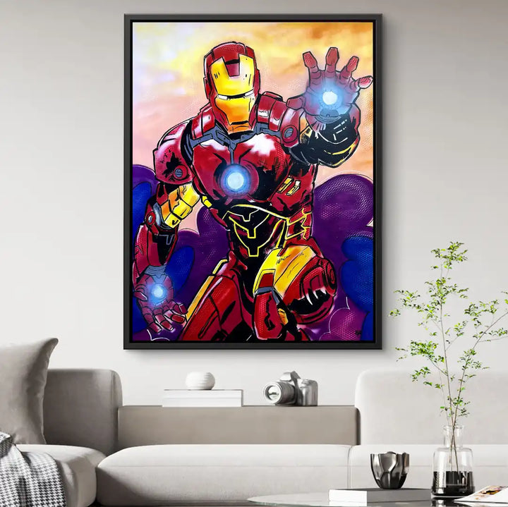 Modernes Wandbild mit Comic-Superheld in Rüstung, farbenfroh, Wohnzimmer-Deko