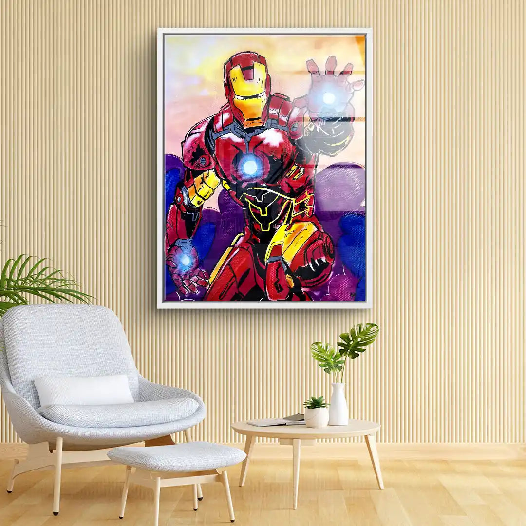Modernes Wandbild mit Comic-Superheld in Rüstung im Wohnzimmer, Pop Art Kunstwerk