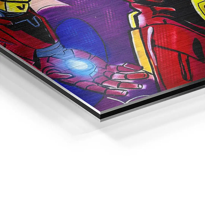 Detail eines bunten Wandbilds mit Iron Man im Comic-Stil auf Aluminium-Druck
