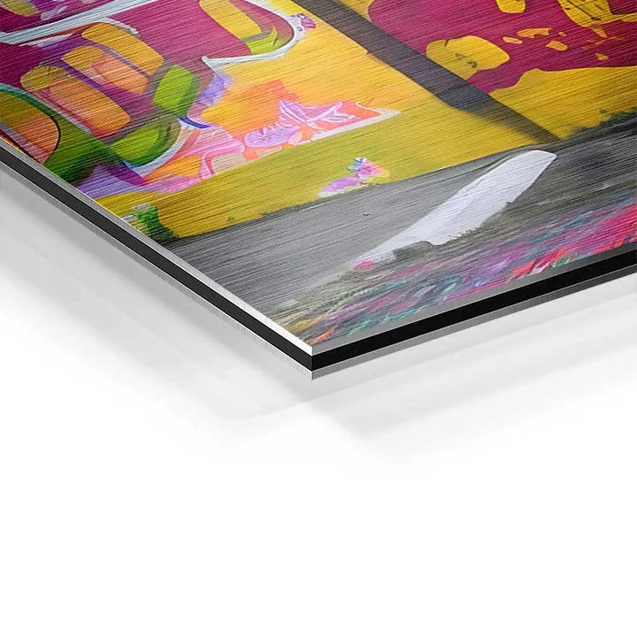 Detailansicht buntes Wandbild Jaguar E-Typ auf gebürstetem Aluminium, moderne Kunst