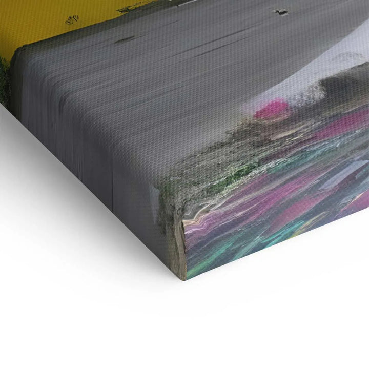 Detailansicht einer bedruckten Leinwand mit farbenfrohem Kunstmotiv, Nahaufnahme Ecke