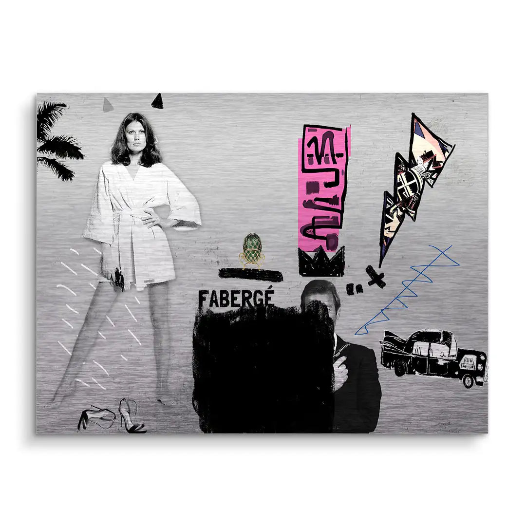 Modernes Wandbild Collage mit Frau, Fabergé-Ei, Palmen, Auto und abstrakter Kunst auf Metall
