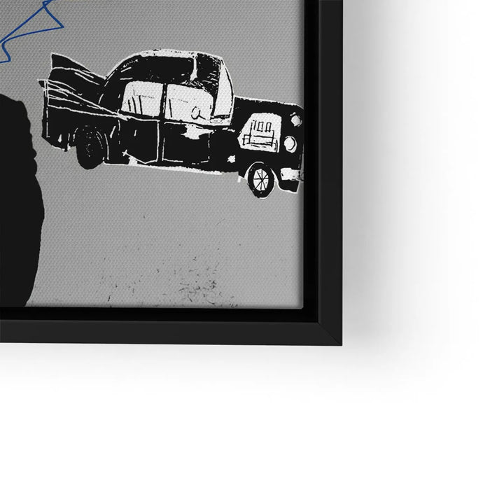 Schwarz-weißes Wandbild mit abstraktem Auto-Motiv im modernen Pop Art Stil, gerahmt