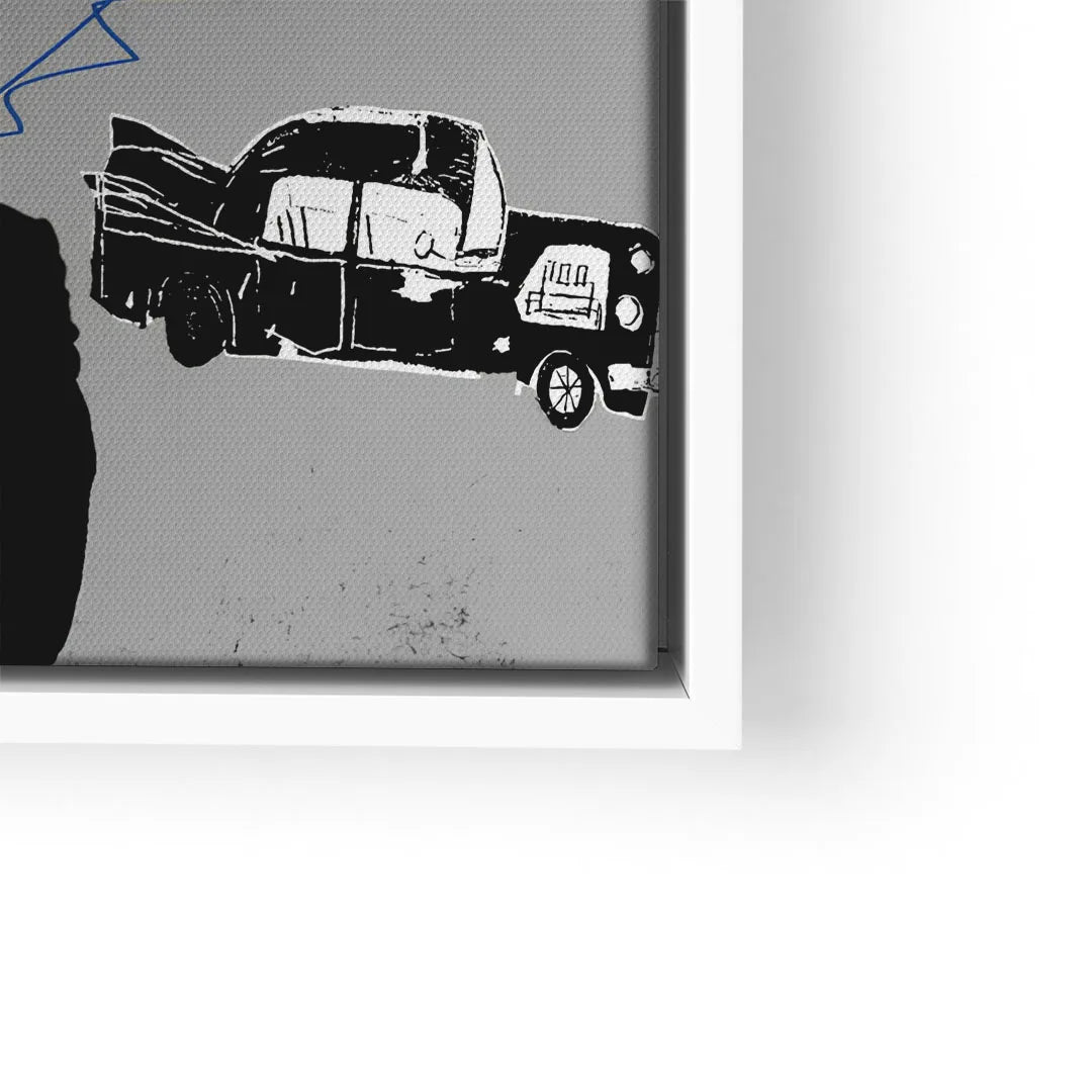 Modernes Wandbild mit grafischem Schwarz-Weiß-Auto und abstraktem, grauem Hintergrund