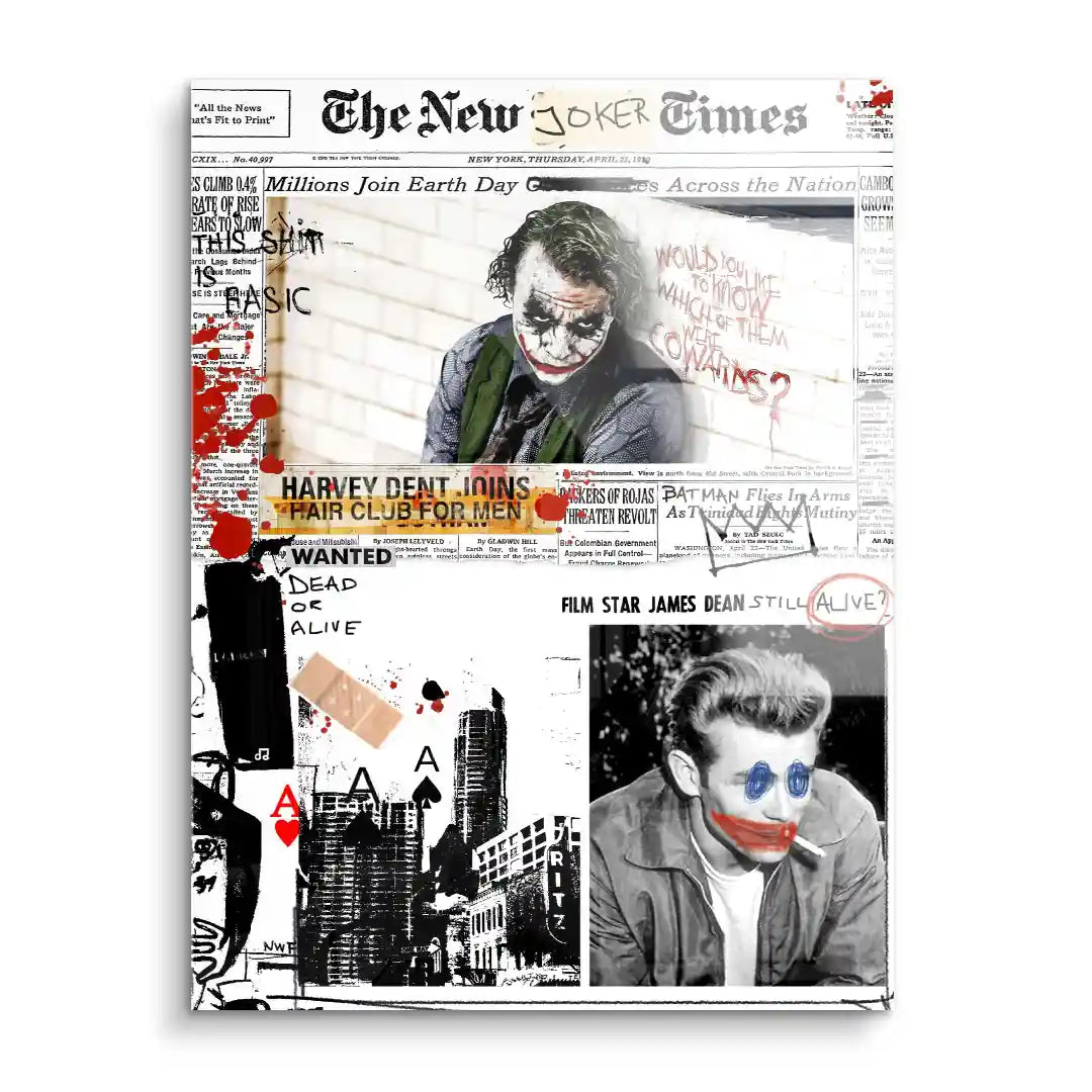 Modernes Wandbild im Pop Art Stil mit Joker Motiv, Zeitungscollage und urbanen Elementen.