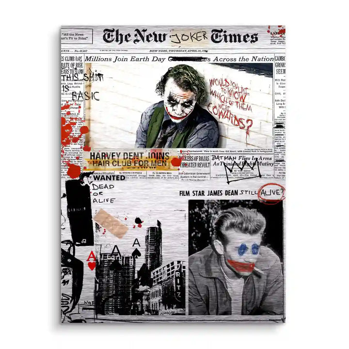 Modernes Wandbild im Zeitungsstil mit Joker-Motiv, urbaner Streetart, Graffiti und Comic-Elementen