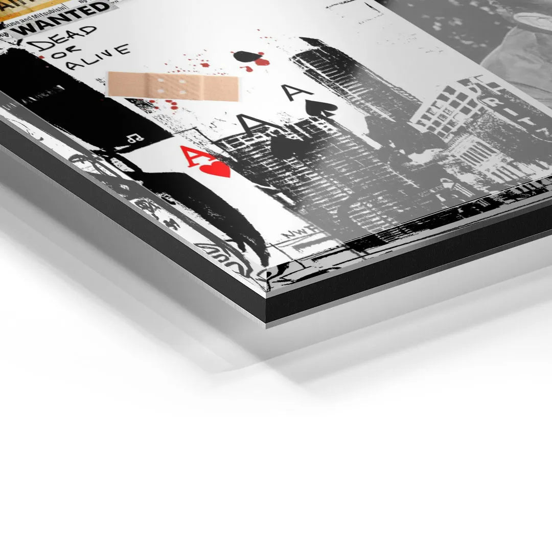 Detailansicht Acrylglas Wandbild mit Joker-Motiv, Spielkarten und Stadtsilhouette