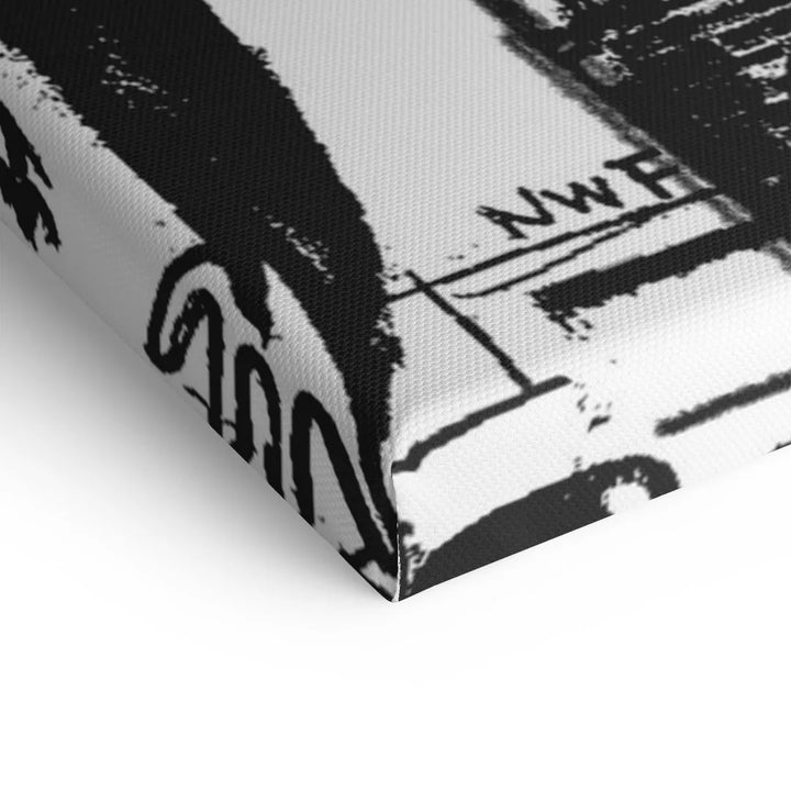Detailansicht eines schwarz-weißen Leinwanddrucks mit abstrakten Comic-Elementen