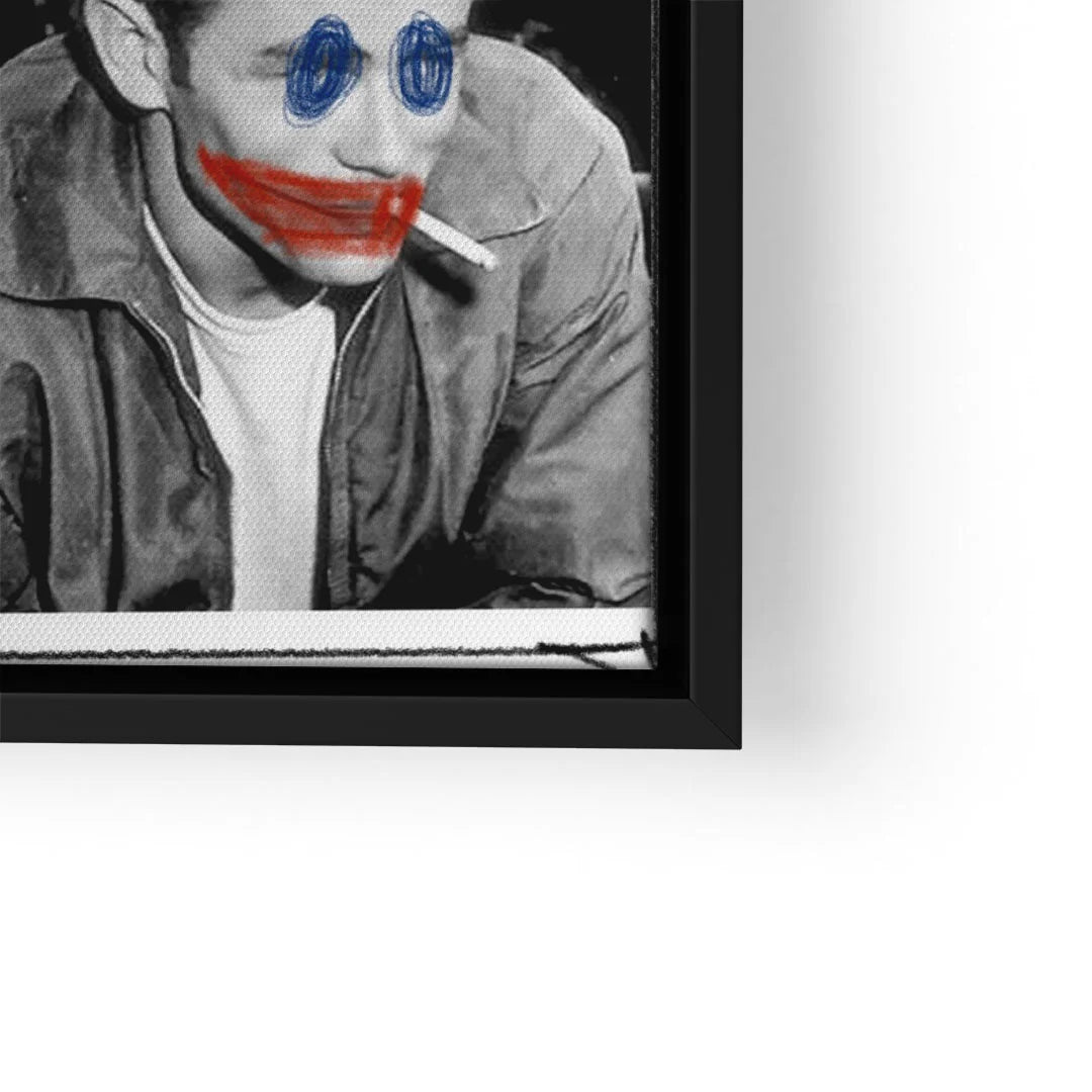 Schwarz-weiß Pop Art Wandbild mit Joker-Graffiti, Mann raucht Zigarette, moderne Kunst