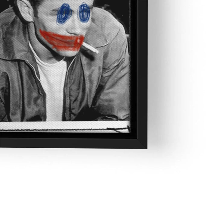 Schwarz-weiß Pop Art Wandbild mit Joker-Graffiti, Mann raucht Zigarette, moderne Kunst