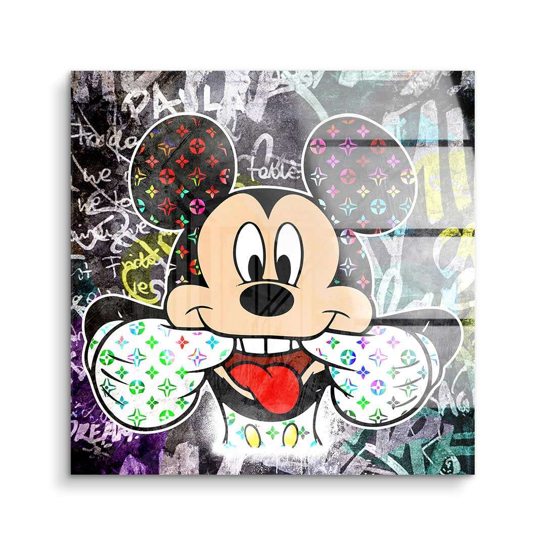 Modernes Pop Art Wandbild mit fröhlichem Comic-Maus-Motiv vor urbanem Graffiti-Hintergrund