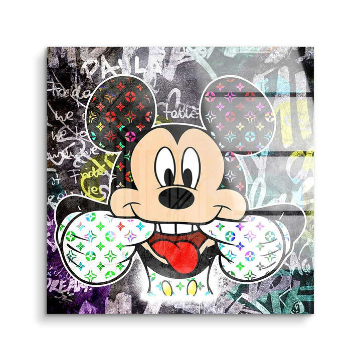 Modernes Pop Art Wandbild mit fröhlichem Comic-Maus-Motiv vor urbanem Graffiti-Hintergrund
