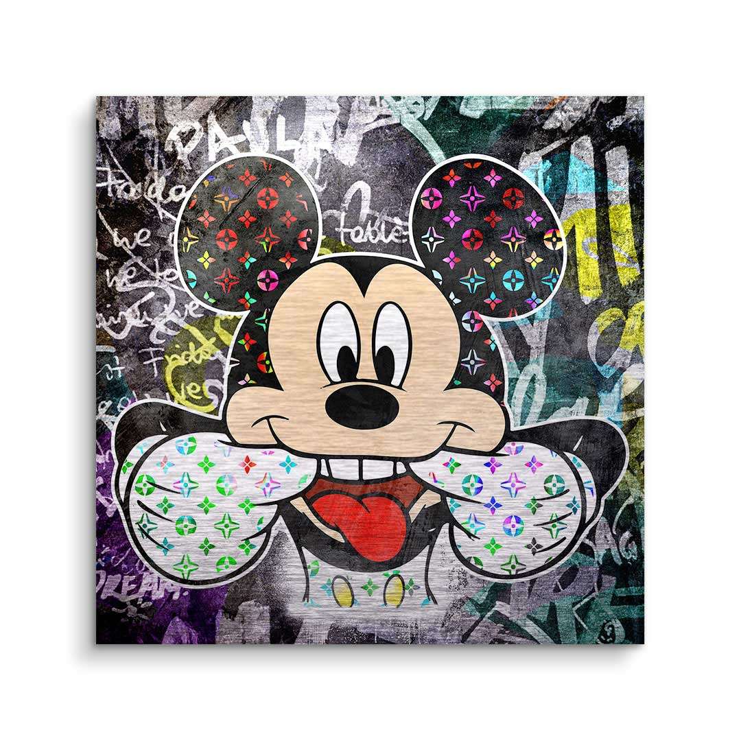 Pop Art Wandbild Comic-Maus mit bunten Mustern vor urbanem Graffiti-Hintergrund