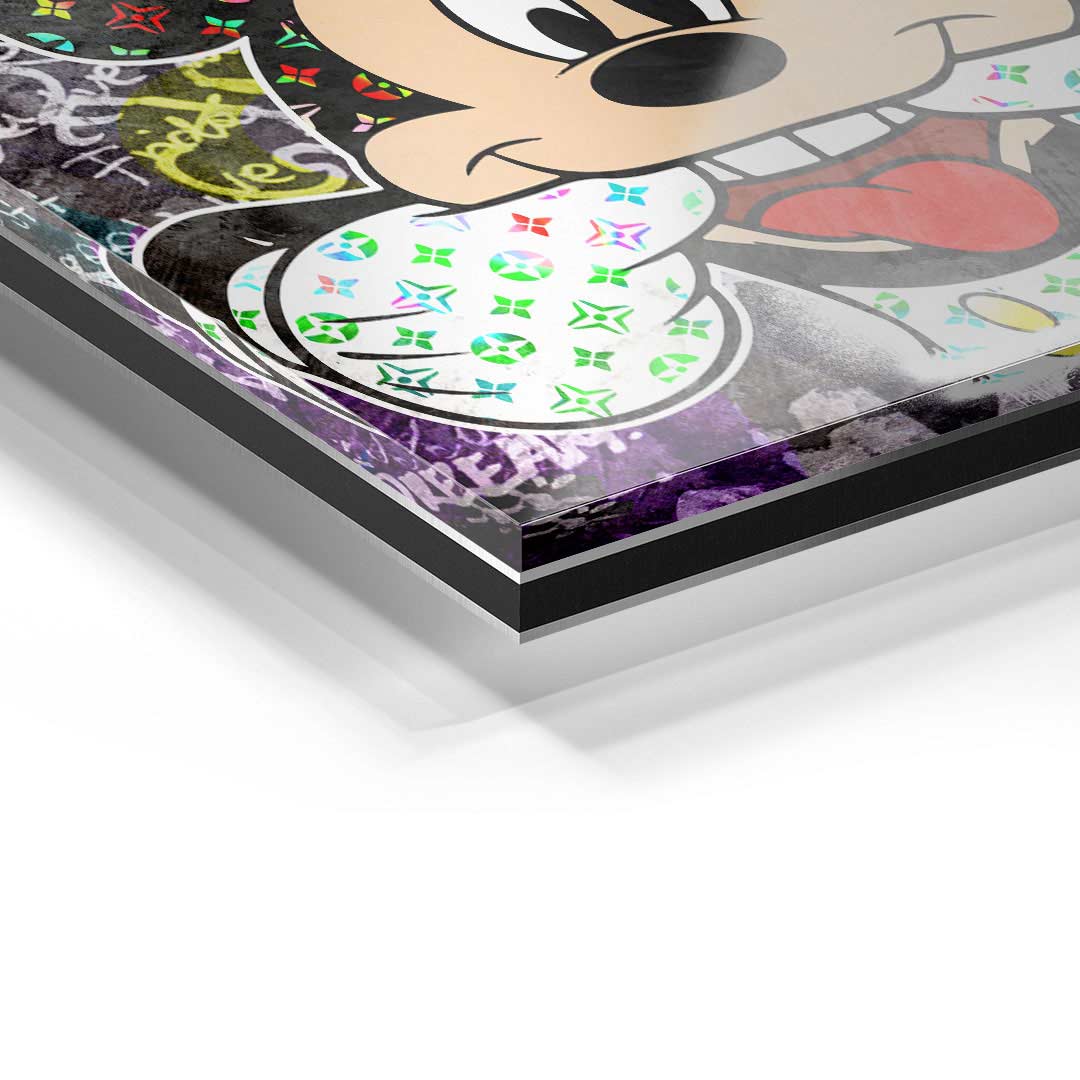 Detail eines modernen Acrylglas-Wandbilds mit Comic-Figur, buntem Pop Art Design und Graffiti-Elementen