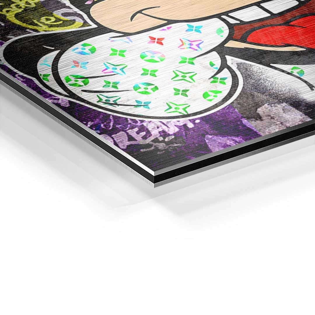 Detail eines bunten Pop Art Wandbilds mit Comicmotiv auf Acrylglas, violetter Hintergrund
