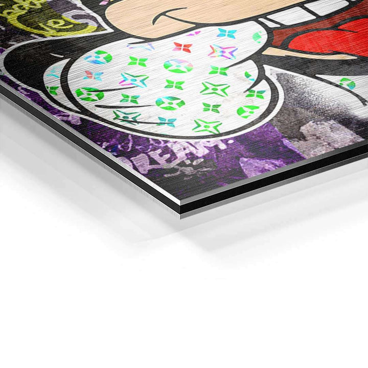 Detail eines bunten Pop Art Wandbilds mit Comicmotiv auf Acrylglas, violetter Hintergrund