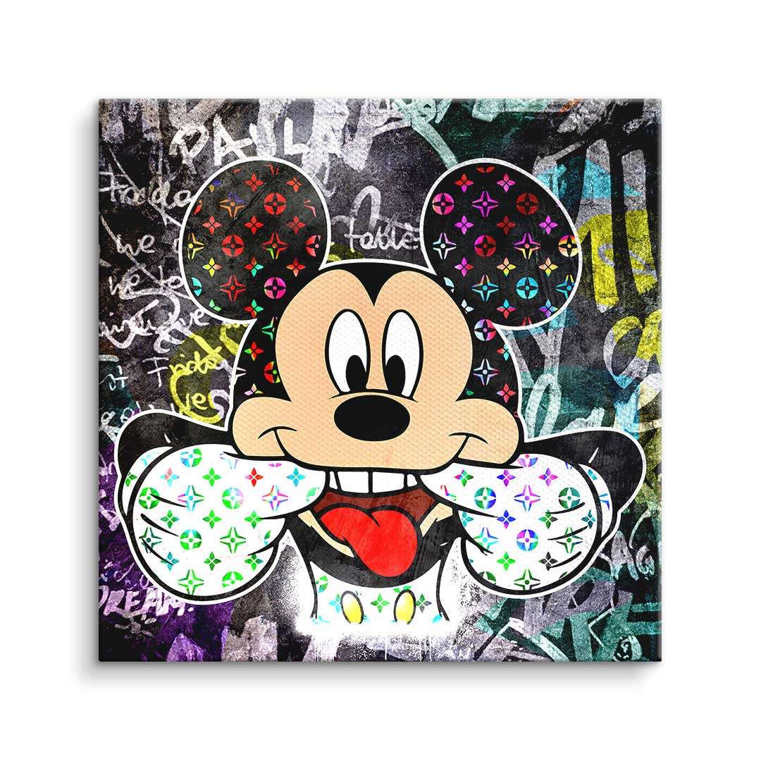 Modernes Wandbild mit Comic-Maus im Pop-Art-Stil, bunte Graffiti-Hintergrund, Streetart-Kunst
