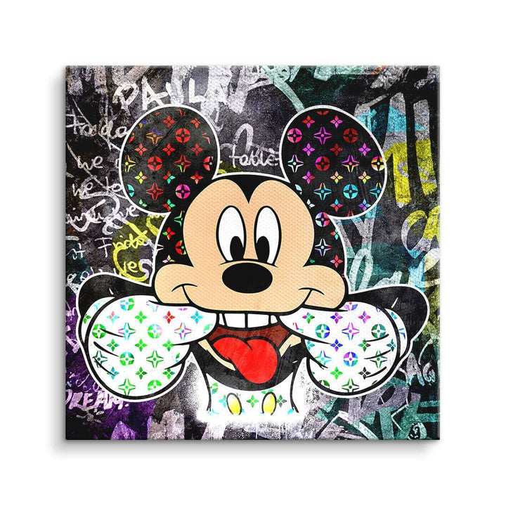 Modernes Wandbild mit Comic-Maus im Pop-Art-Stil, bunte Graffiti-Hintergrund, Streetart-Kunst